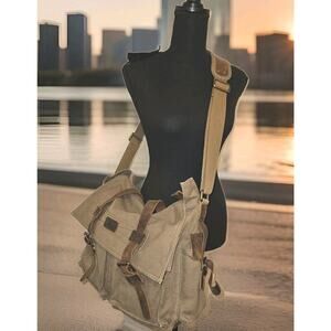 S-ZONE Khaki Canvas W/Leather Accents Messenger Bag Laptop Carry Case 15x12x4